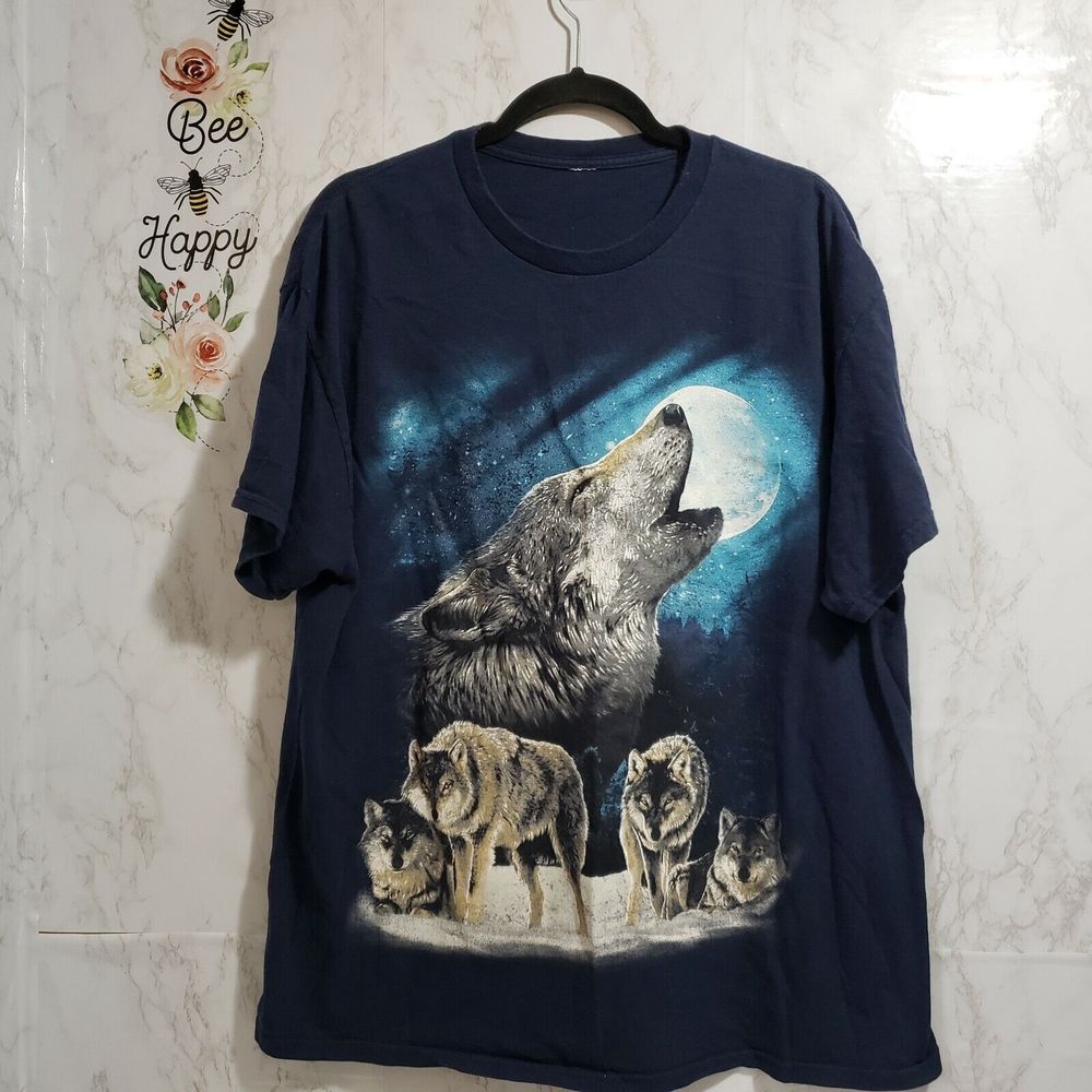 Wolf Howling At The Moon T-shirt Blue XL